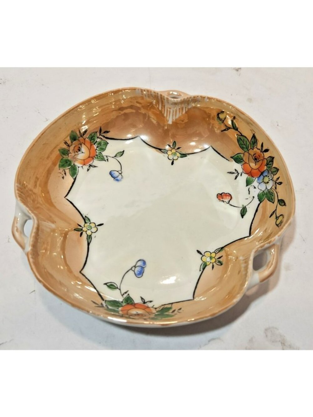 Vintage Peach Lusterware Trefoil Candy Dish/Bowl 7" Floral  3 Handles Japan